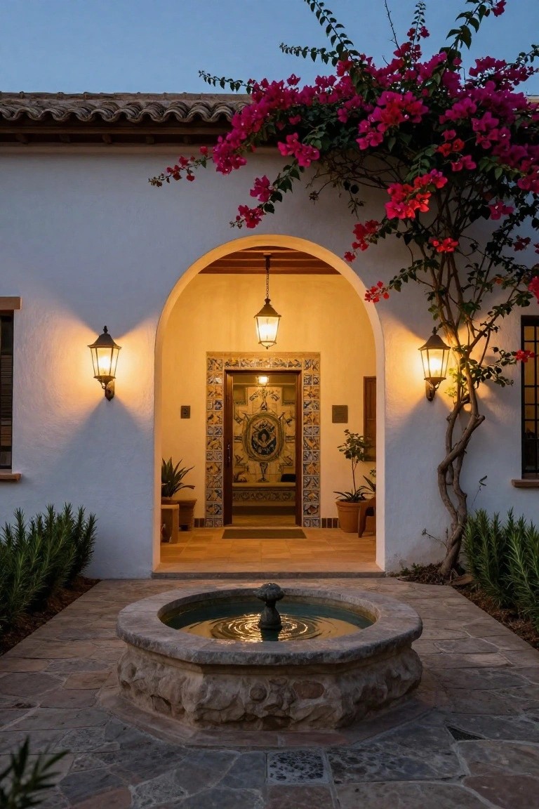 Spanish-style courtyard with stone fountain and arched tile doorway at dusk.