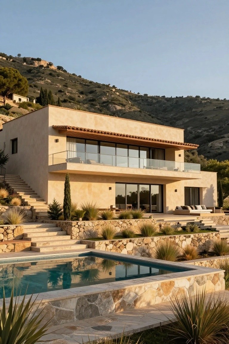 Beige stucco two-story house with wooden accents and large glass windows built into a rocky hillside, featuring terraced stone walls, wide steps, an infinity pool, and drought-tolerant plants.