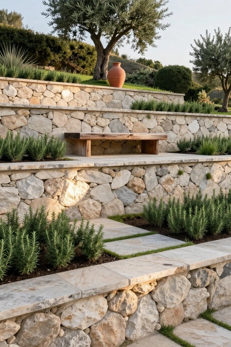 Terraced dry-stacked stone retaining walls on a hillside with rosemary plantings, paver steps, a wooden bench, terracotta pot, and olive trees in the background.