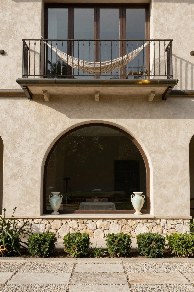 Beige textured stucco house exterior with wrought-iron balcony and hammock above an arched window displaying vases, stone base wall, low shrubs, and pebble pavement.