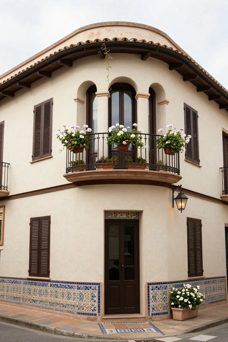 Corner view of a beige stucco Spanish-style house with curved roofline, wrought-iron balcony holding potted plants, arched windows with wooden shutters, dark wood entry door, wall lantern, and blue-and-white decorative tiles at the base along the street.