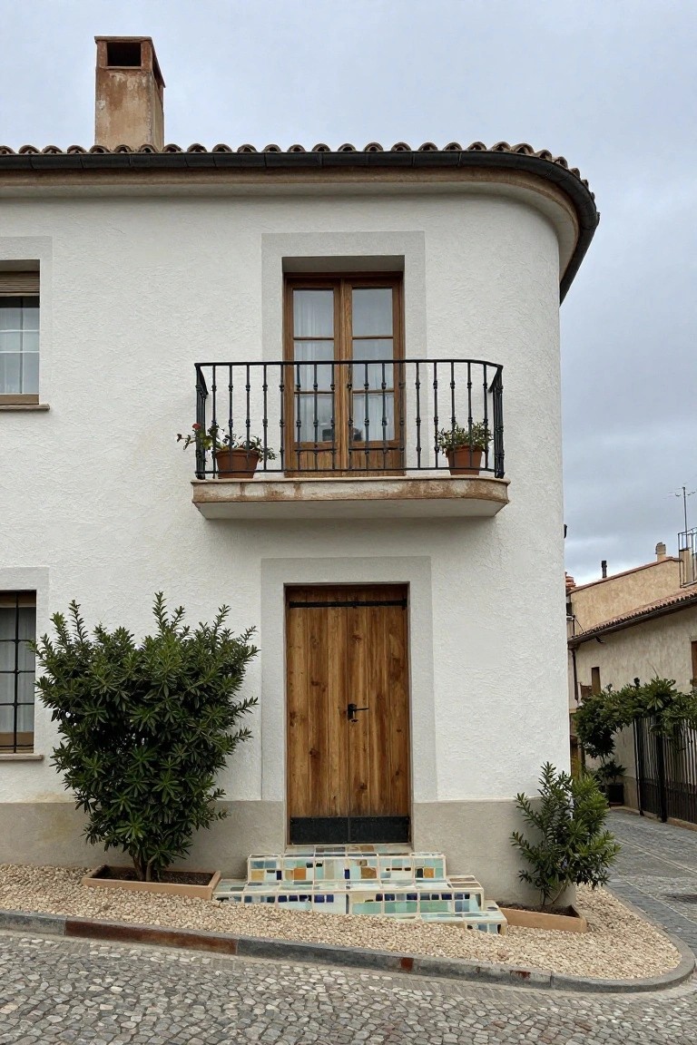 White stucco house exterior on a cobblestone street with curved upper wall, small balcony with potted plants, wooden double doors on second floor window, wooden front door, colorful mosaic tile steps, shrubs in planters, and gravel ground cover.