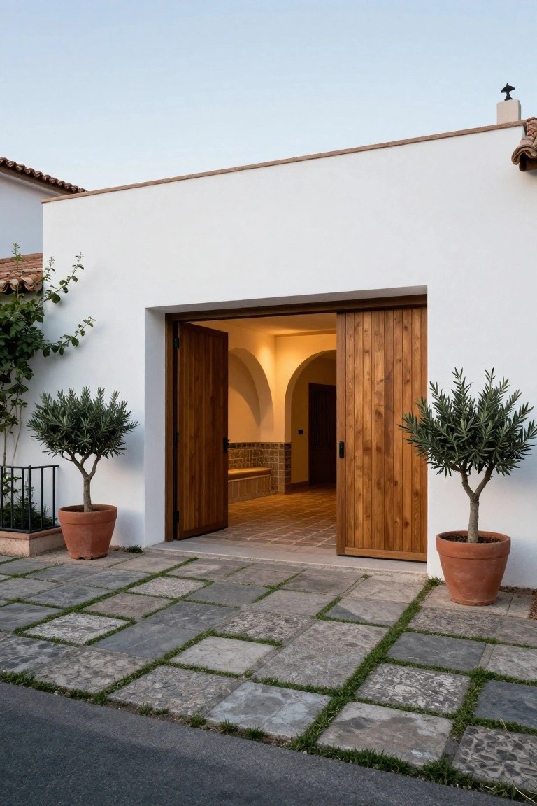 White stucco house exterior with large open wooden double doors revealing an arched interior hallway, flanked by two potted olive trees in terracotta pots on a stone tile pathway with grass joints.