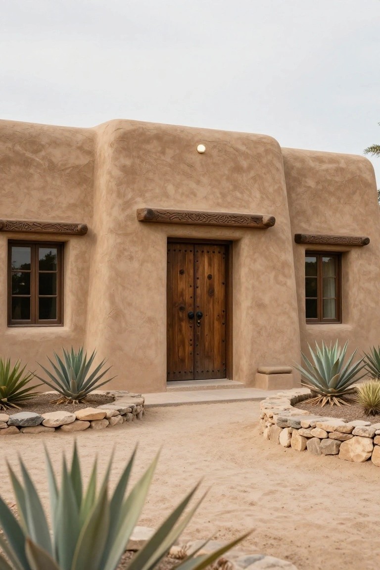 Adobe-style adobe building with wooden door and agave plants in desert landscape.