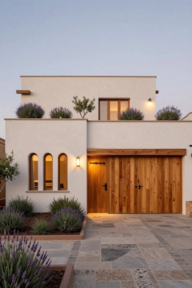 A modern house exterior with beige stucco walls, double wooden garage doors, three arched windows, rooftop planters with olive trees and lavender, ground-level lavender shrubs, and a stone-paved driveway at dusk.