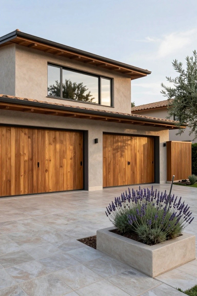 Beige stucco house exterior with dark wood plank garage doors, tiled roof overhang, large black-framed window, olive tree nearby, and lavender plants in a concrete planter on a tiled driveway.