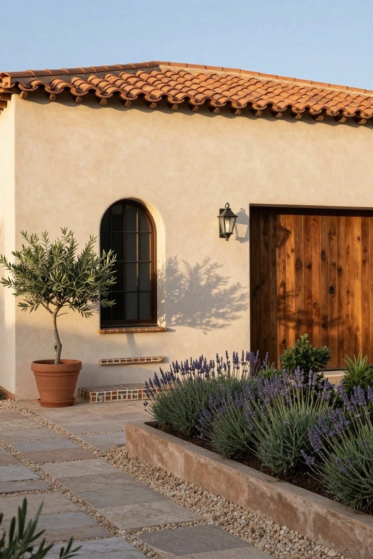 Beige stucco wall of a house with curved terracotta roof tiles, arched black metal window, dark wooden garage door, wall-mounted lantern, potted olive tree, lavender plants in raised bed, and stone paver pathway with gravel edging.