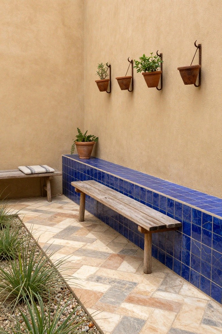 Beige-walled courtyard corner with wooden benches on a blue tiled base, hanging terracotta pots with plants, a larger potted plant on the shelf, and a pebbled path edged with grasses.