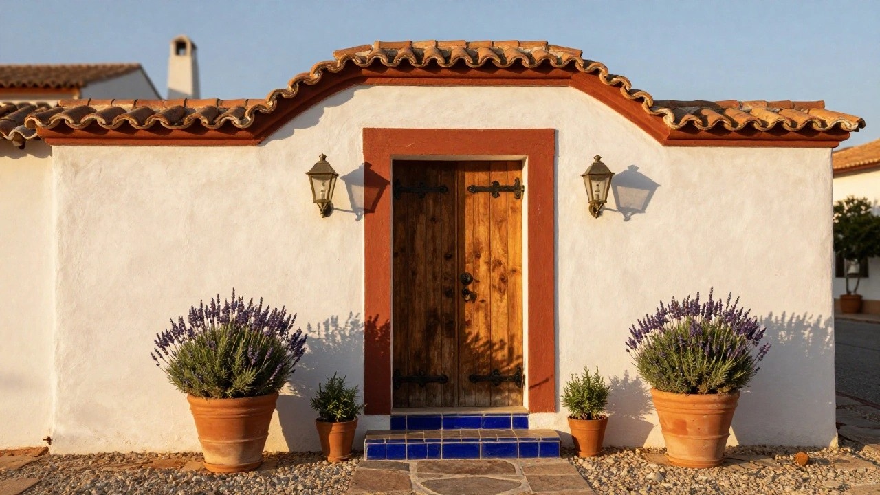 White stucco house facade with wooden double door in rust-red frame, flanked by lanterns and terracotta pots of lavender, blue tile entry steps, and gravel path.
