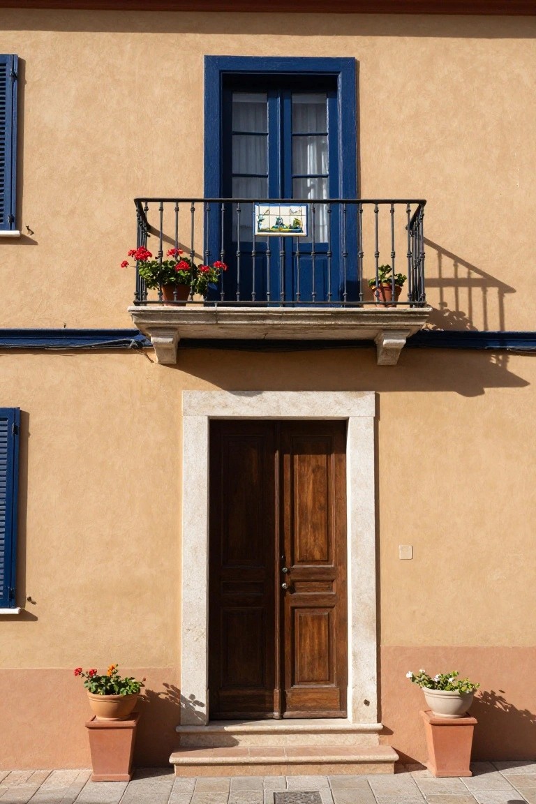 Ochre stucco house exterior with blue window frames, double wooden entry door framed in stone, wrought iron balcony above, and potted plants on either side of the door.