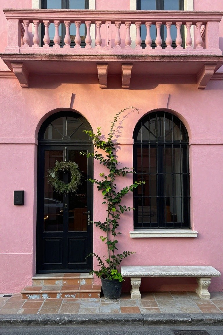 Pink stucco house exterior with black arched door and windows, pink balcony railing, green wreath on door, climbing vine in pot, and carved stone bench on tiled steps.