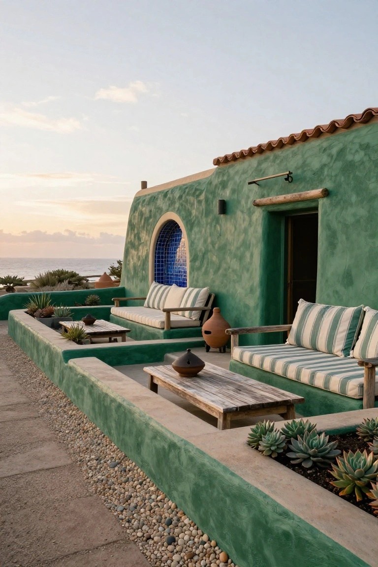 Green stucco house exterior featuring an arched blue-tiled window, wooden outdoor seating with striped cushions on a terrace, terracotta pots, and succulent planters along a stone wall overlooking the ocean.