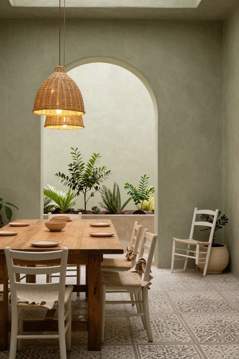 Interior dining room with sage green walls, wooden table set with ceramic plates and bowls, white woven chairs, double rattan pendant lights, arched opening to plants, and patterned tile floor.