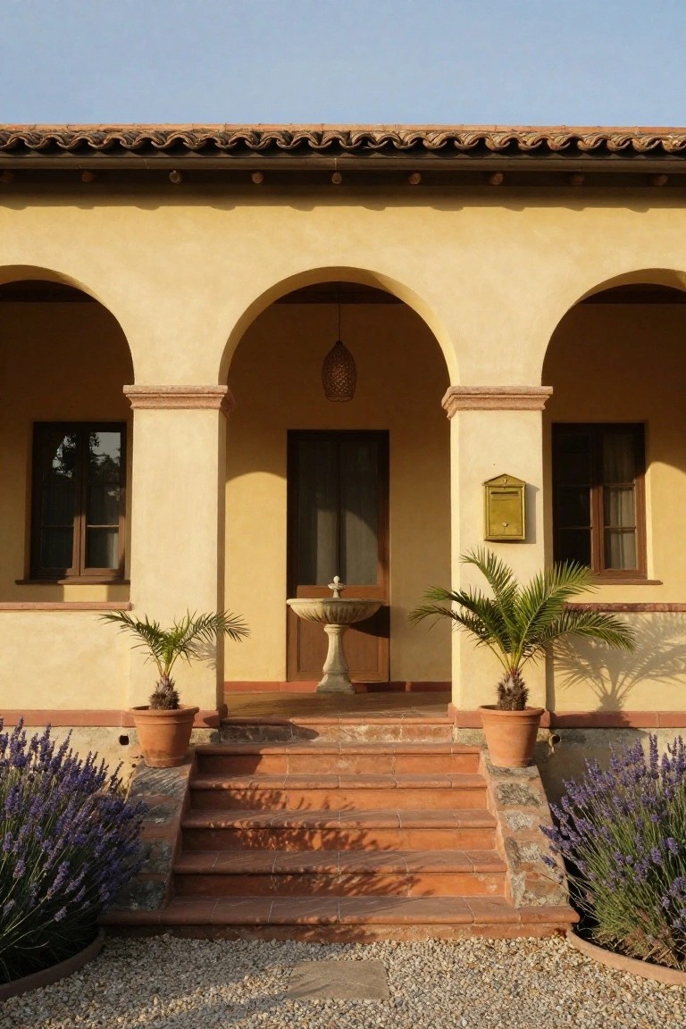 Pale ochre stucco house facade with terracotta tiled roof, arched porch, wooden door, stone fountain, potted palms, and lavender bushes beside red steps leading to gravel ground.