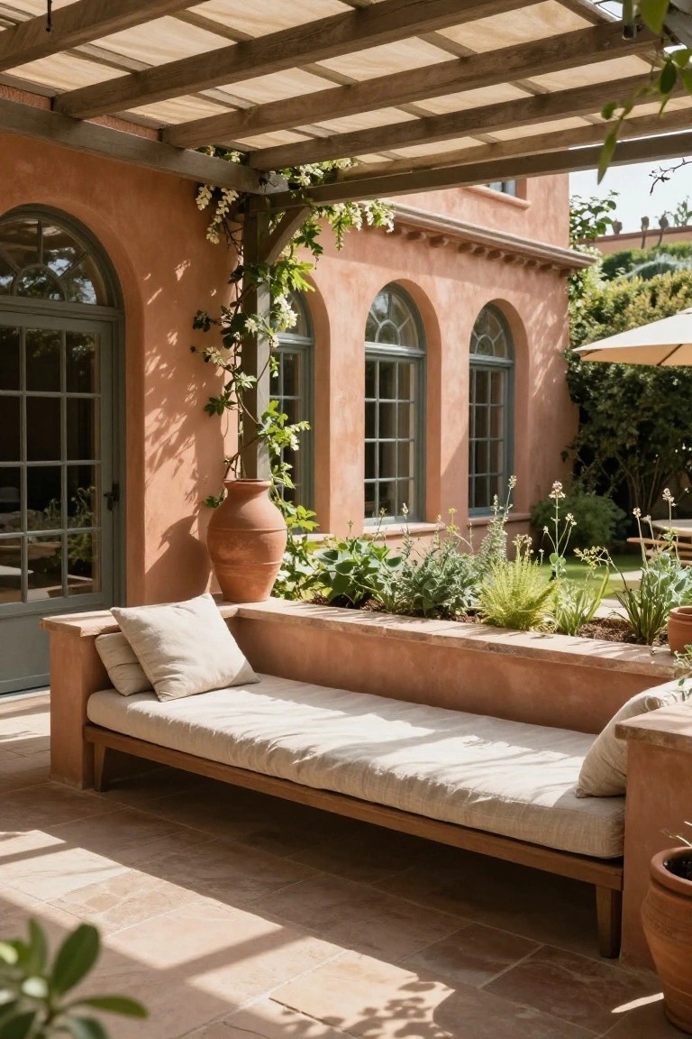 Outdoor patio featuring a built-in low bench with beige cushions against a pink terracotta wall with integrated planters, large terracotta pots, wooden pergola shade structure overhead, and arched green-framed windows on the adjacent house wall.