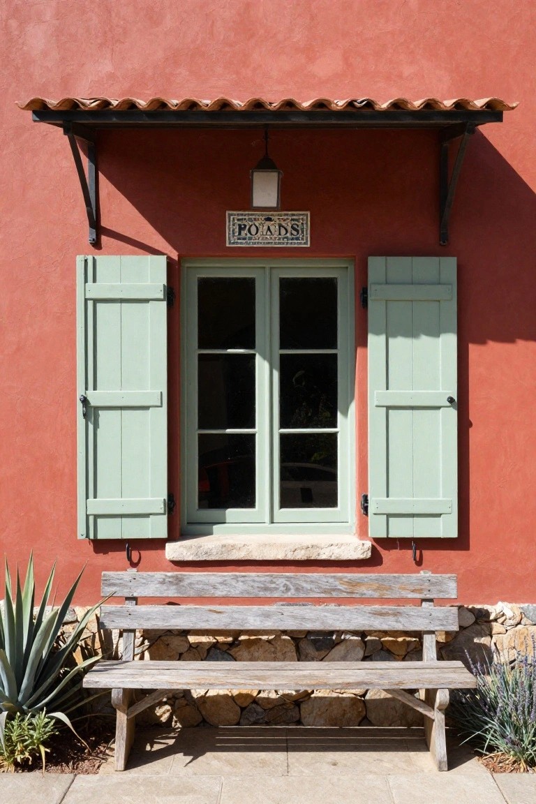 Red stucco exterior wall of a house with open mint green shutters on a double window, a tiled overhang above, "ROADS" tile sign, wooden bench on stone base below, and agave and lavender plants on either side.