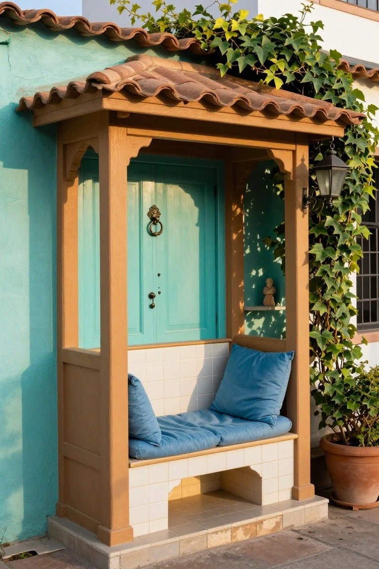 Wooden porch structure with arched opening around a turquoise door and built-in bench on a turquoise stucco wall, ivy climbing the posts, terracotta tile roof, and potted plants nearby.