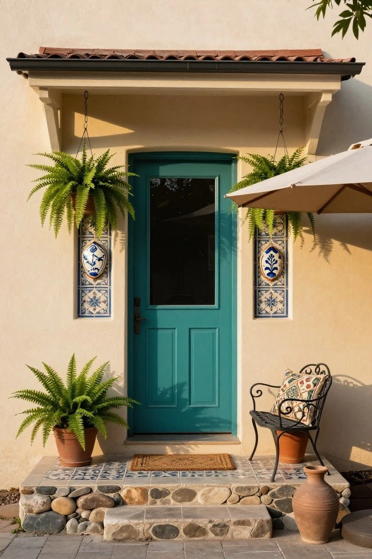 Beige stucco house exterior with a teal paneled front door, blue tiled panels on either side, hanging ferns, potted plants, a metal chair with cushion, and stone steps with terracotta pots.