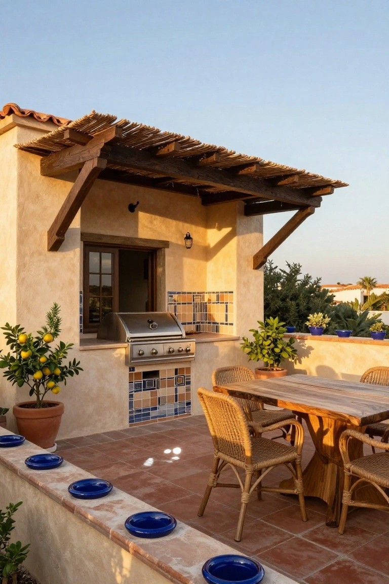 Rooftop terrace featuring beige stucco walls, built-in stainless steel grill with blue and white tile backsplash, wooden dining table with rattan chairs, potted lemon trees, and terracotta pavers along a low wall.