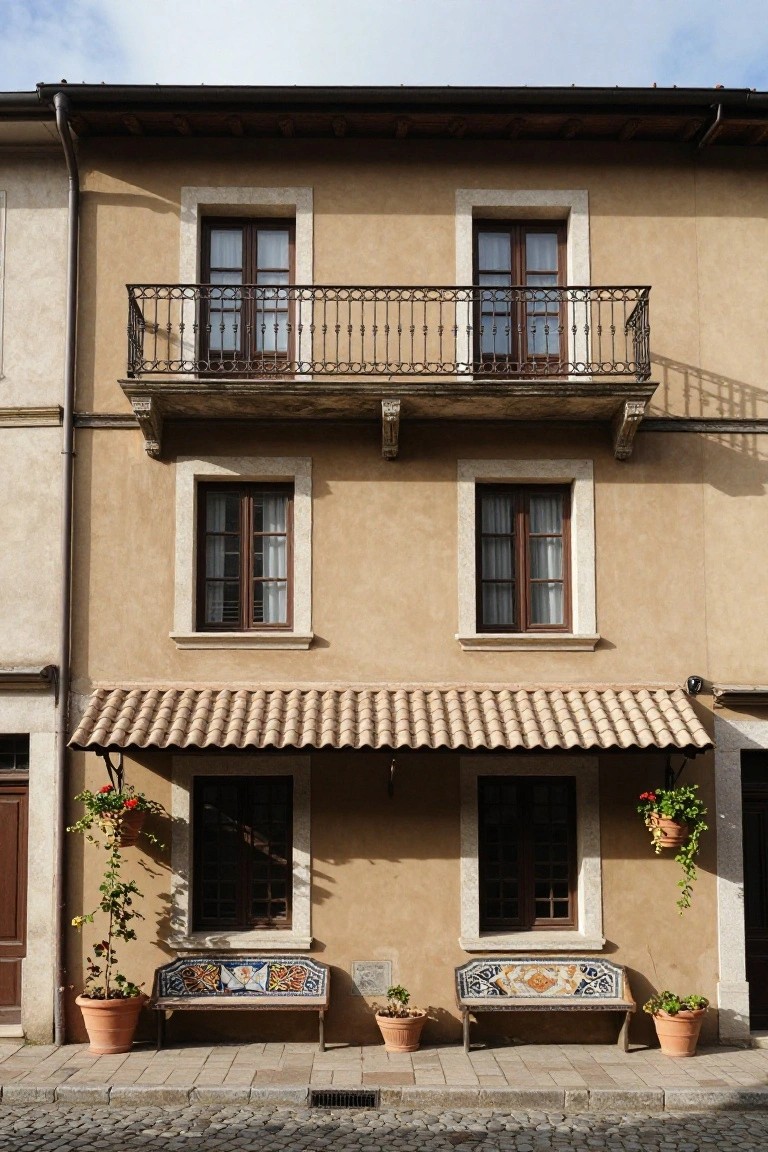 Two-story house with beige stucco walls, wrought iron balconies, wooden windows, terracotta-tiled awning, mosaic benches, potted plants, and cobblestone street in front.