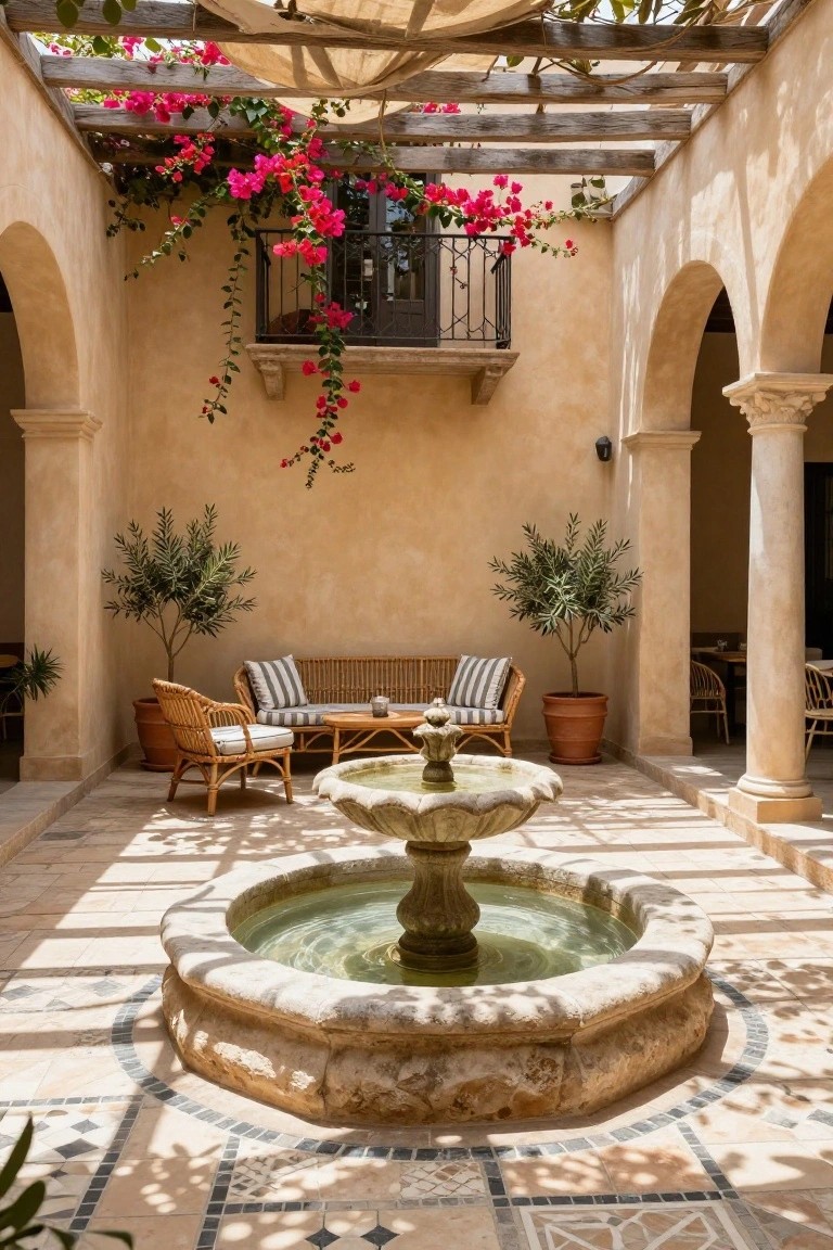 Sunlit courtyard with arched beige stucco walls, wooden pergola draped in pink bougainvillea, central stone fountain, rattan chairs and sofa, olive trees in terracotta pots, and tiled floor.