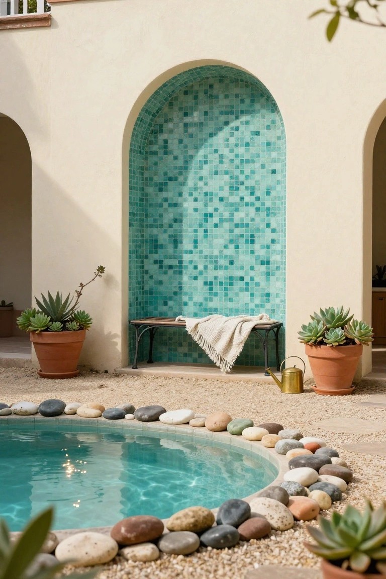 Outdoor Spanish-style courtyard featuring beige stucco walls, a turquoise mosaic-tiled arched alcove with a bench and throw blanket, potted succulents, a small pool edged with pebbles, and gravel ground.