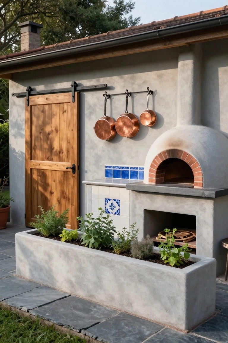 Rustic outdoor wood-fired pizza oven with light gray stucco dome and base, red brick arch entry, blue tiled accents, hanging copper pots on stucco wall, wooden sliding barn door, built-in concrete herb planter, on slate patio with surrounding plants and grass.