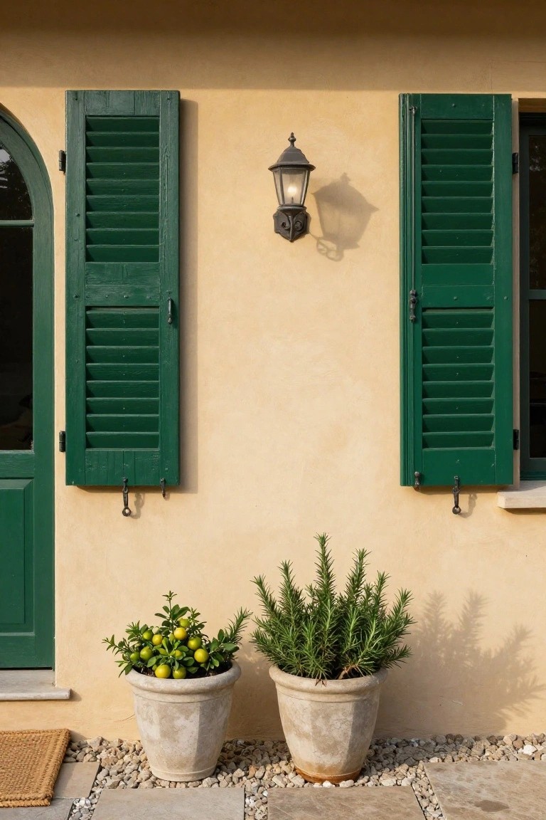 Ochre-colored stucco exterior wall of a house with green wooden shutters on an arched door and windows, a black metal wall lantern, and two terracotta pots containing a lemon tree and rosemary on a gravel area with stone pavers.