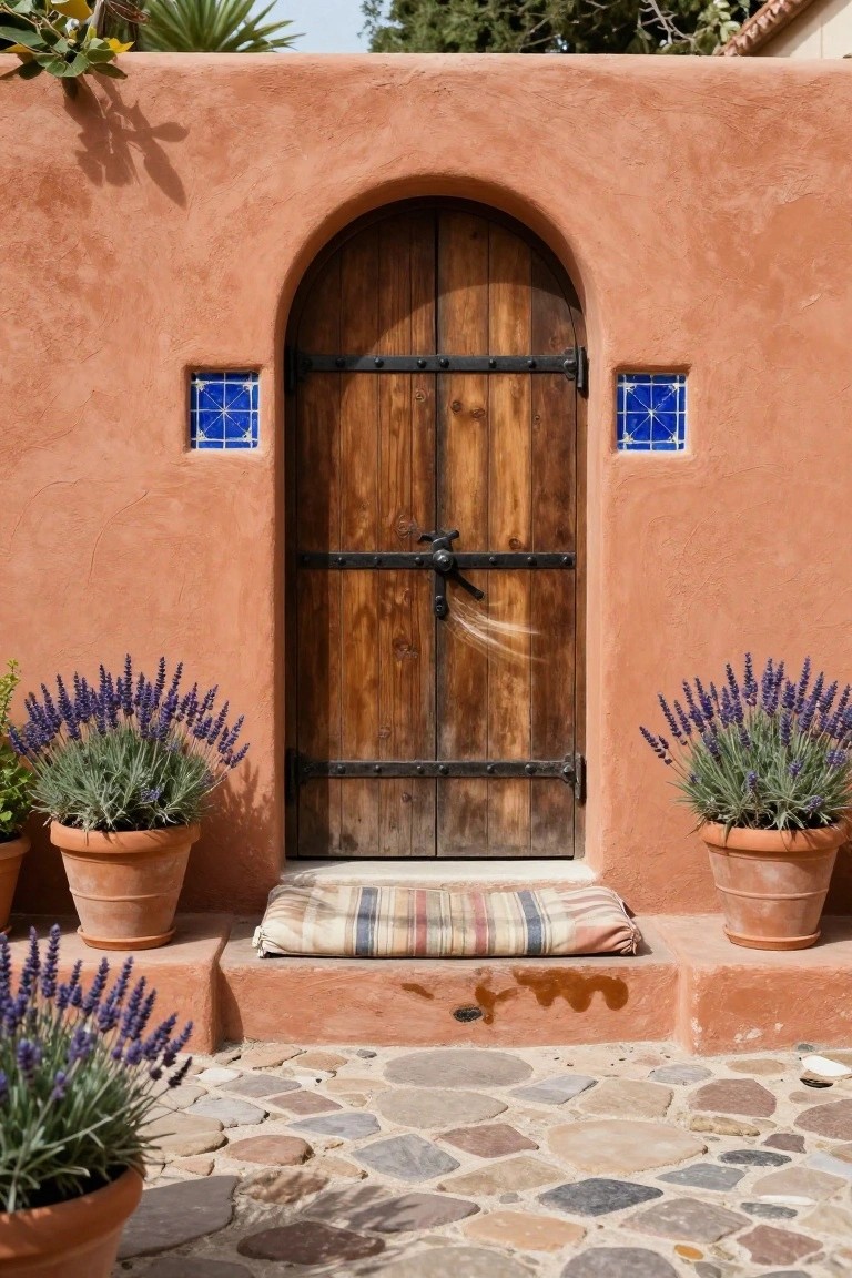 Terracotta adobe wall with arched wooden door, black iron hardware, blue star tiles on either side, flanked by lavender plants in terracotta pots, plaid mat on step, and pebble stone path.