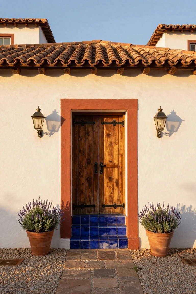 White stucco house facade with wooden double door in rust-red frame, flanked by lanterns and terracotta pots of lavender, blue tile entry steps, and gravel path.