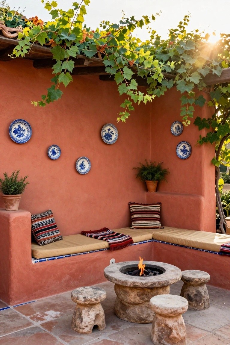 Terracotta adobe outdoor corner with vine-draped wooden beams overhead, blue decorative plates on walls, potted rosemary plants, built-in cushioned bench with striped pillows and woven blankets, central stone fire pit with flames, three stone stools, and terracotta tile floor.