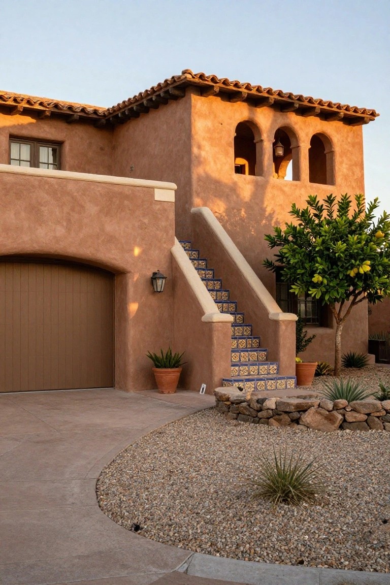 Spanish-style house exterior with warm tan stucco walls, brown wooden garage door, blue-and-white tiled outdoor stairs, lantern light, potted plants, citrus tree, and gravel landscaping.