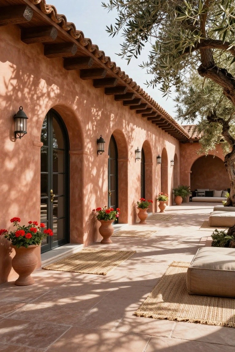 Terracotta stucco arcade with arched doors, lanterns, and red flowers in clay pots.