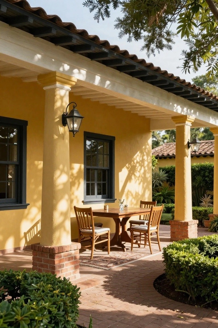 Spanish colonial house exterior with pale yellow stucco walls and columns, black-framed windows, covered porch with wooden table and chairs, brick bases, and surrounding shrubs and potted plants.