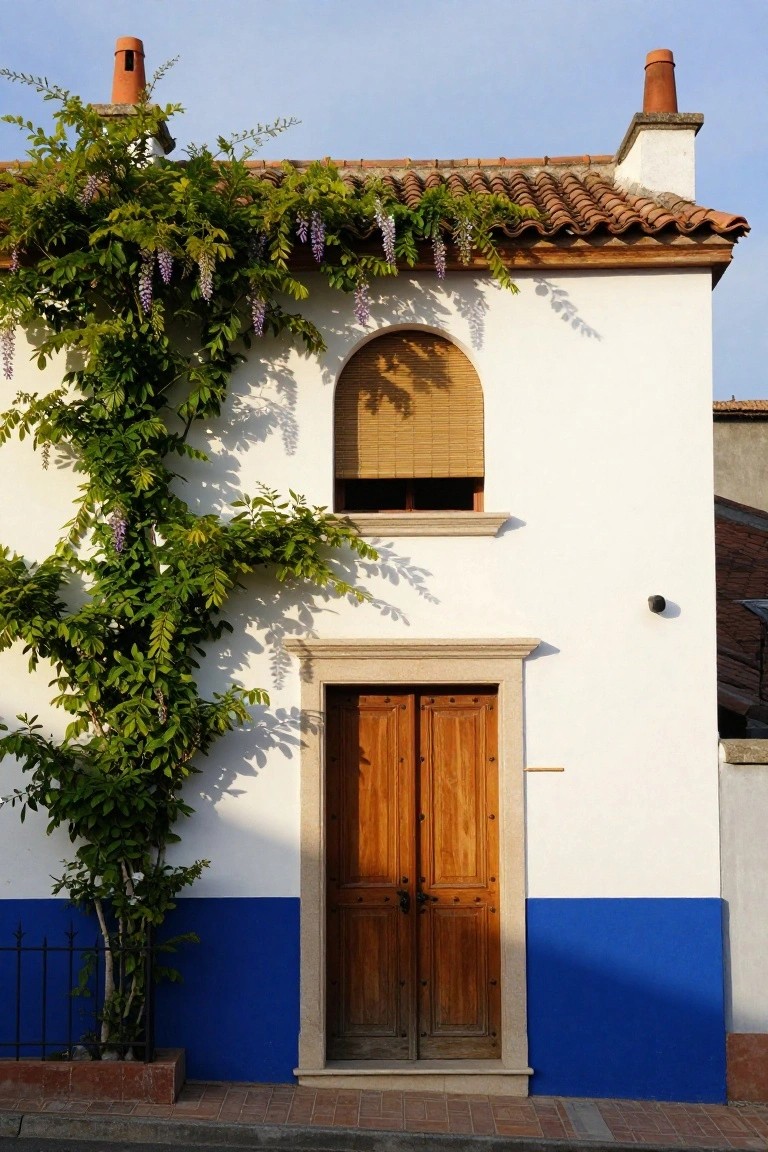 White stucco house facade with terracotta tile roof, purple wisteria vines climbing one side, small arched window with bamboo shade, wooden double door in stone frame, blue painted lower wall section, and wrought iron fence in front.
