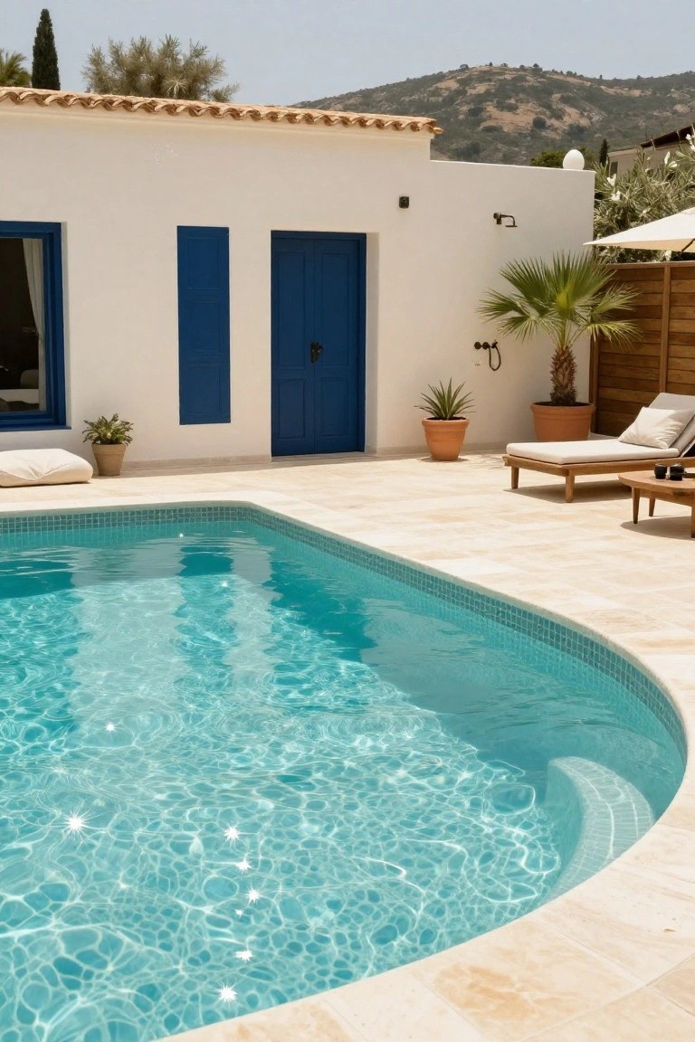 White stucco house with blue shutters on windows and blue double doors next to a curved turquoise mosaic pool on beige tiled patio with teak lounge chairs, potted plants, palm tree, and wooden fence.
