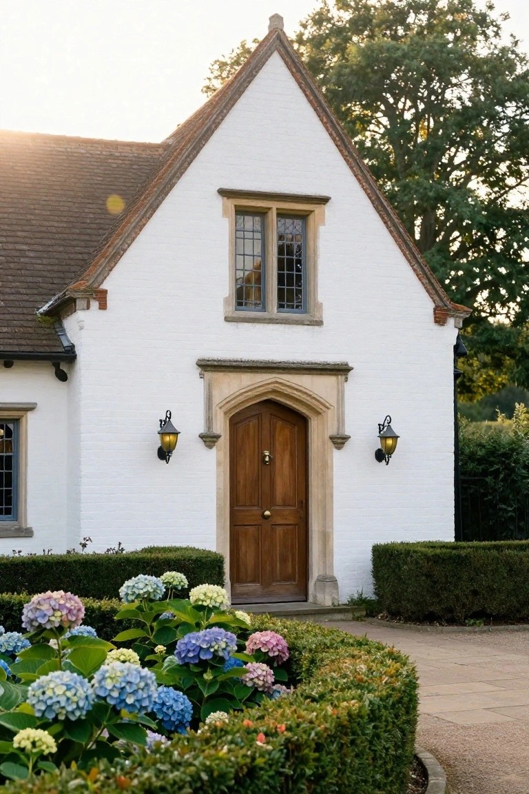 White brick Tudor-style house with gabled roof, leaded window, arched beige stone entry porch with wooden door and brass lanterns, surrounded by blooming hydrangeas and boxwood hedges along a paved driveway.
