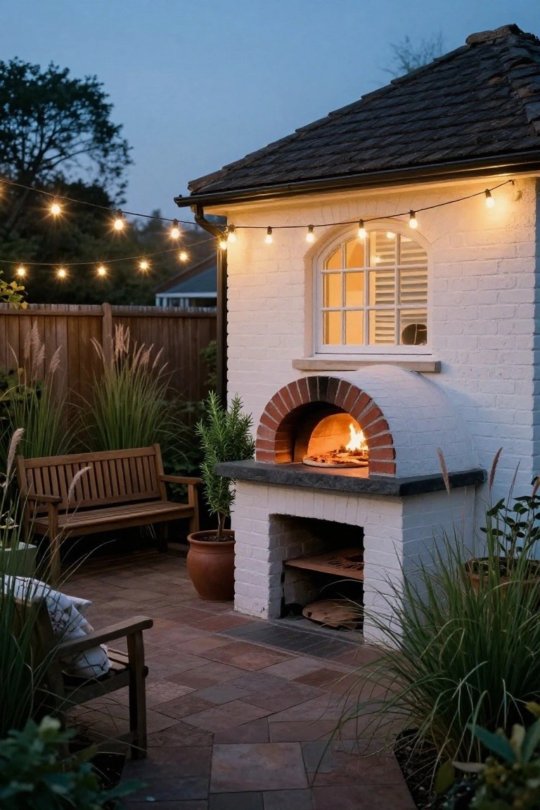 White brick arched pizza oven built against a house exterior on a patio at dusk, with fire inside, pizza on the hearth, string lights overhead, wooden bench, potted plants, and tall grasses nearby.