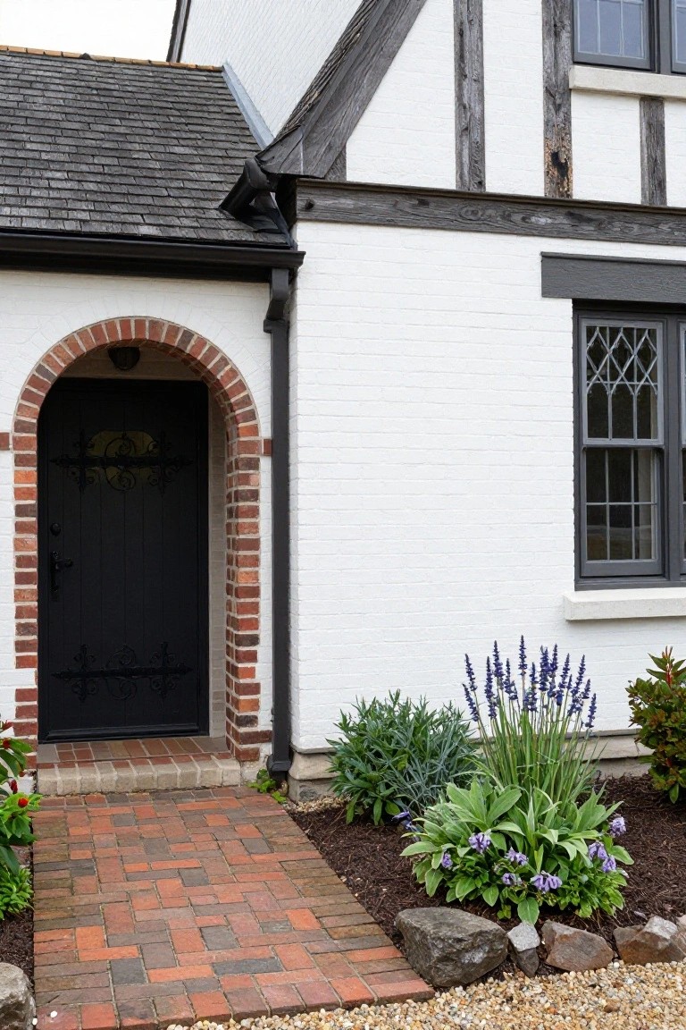 White brick Tudor-style house exterior with dark timber framing, featuring a black front door under a red brick archway, brick pathway, lavender plants, and gravel driveway.