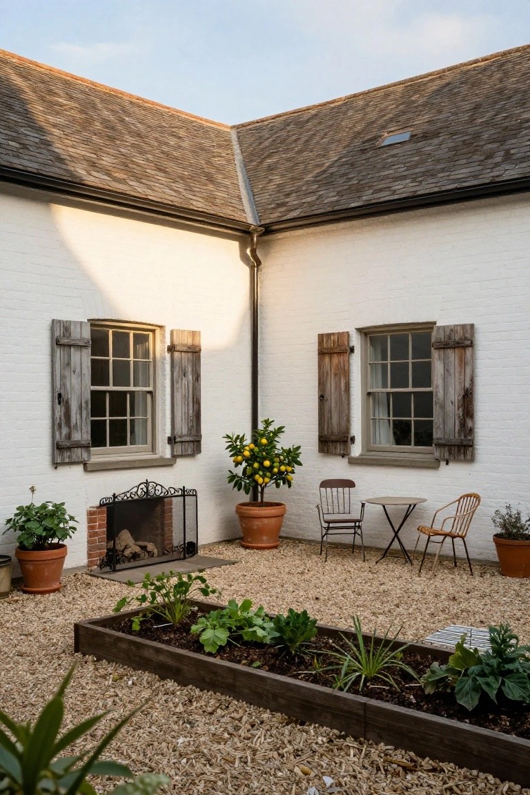 Corner view of white brick house walls with wooden shutters on two multipane windows, gravel patio with central fire pit, small round table and two wooden chairs, potted plants including citrus trees, and wooden raised planter bed with vegetables.
