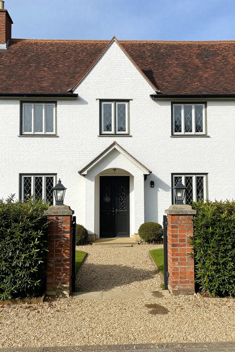 Front view of a two-story white brick Tudor-style house with steeply pitched red tile roof, black leaded windows, central arched porch over black front door, brick pillars with lanterns and evergreen hedges flanking a gravel path to the entrance.