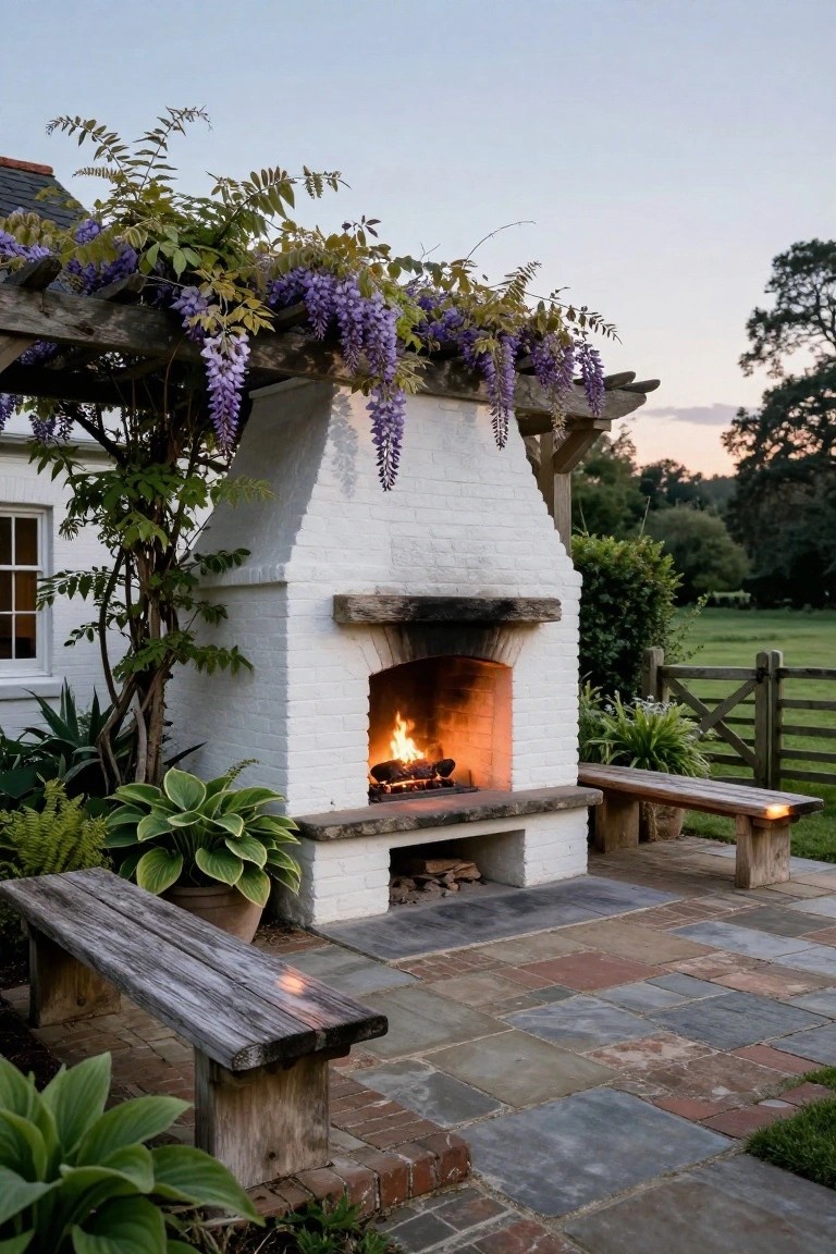 Outdoor white brick fireplace with a burning fire inside, under a wooden pergola draped in purple wisteria, flanked by rustic wooden benches, potted plants, and greenery on a multicolored stone patio at dusk.