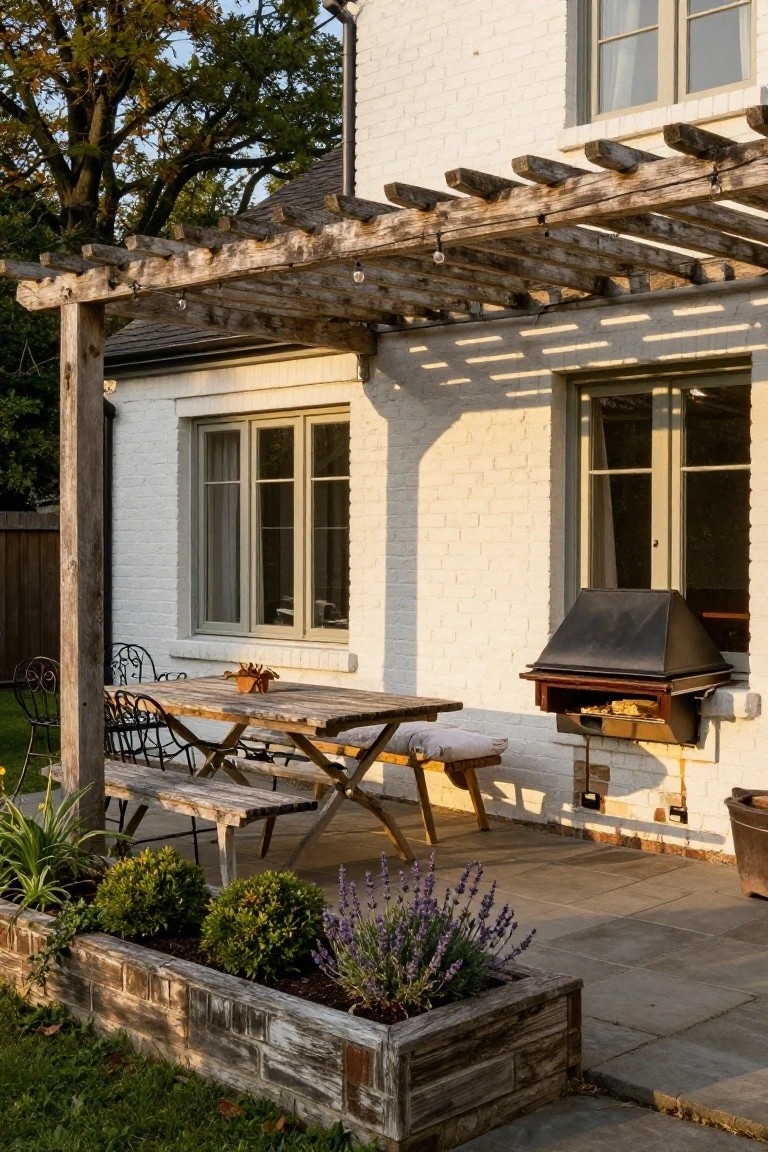 White brick house wall with attached wooden pergola shading a stone patio that includes a wooden picnic table with benches, metal chairs, built-in brick barbecue oven, and raised wooden planter bed with shrubs and lavender.