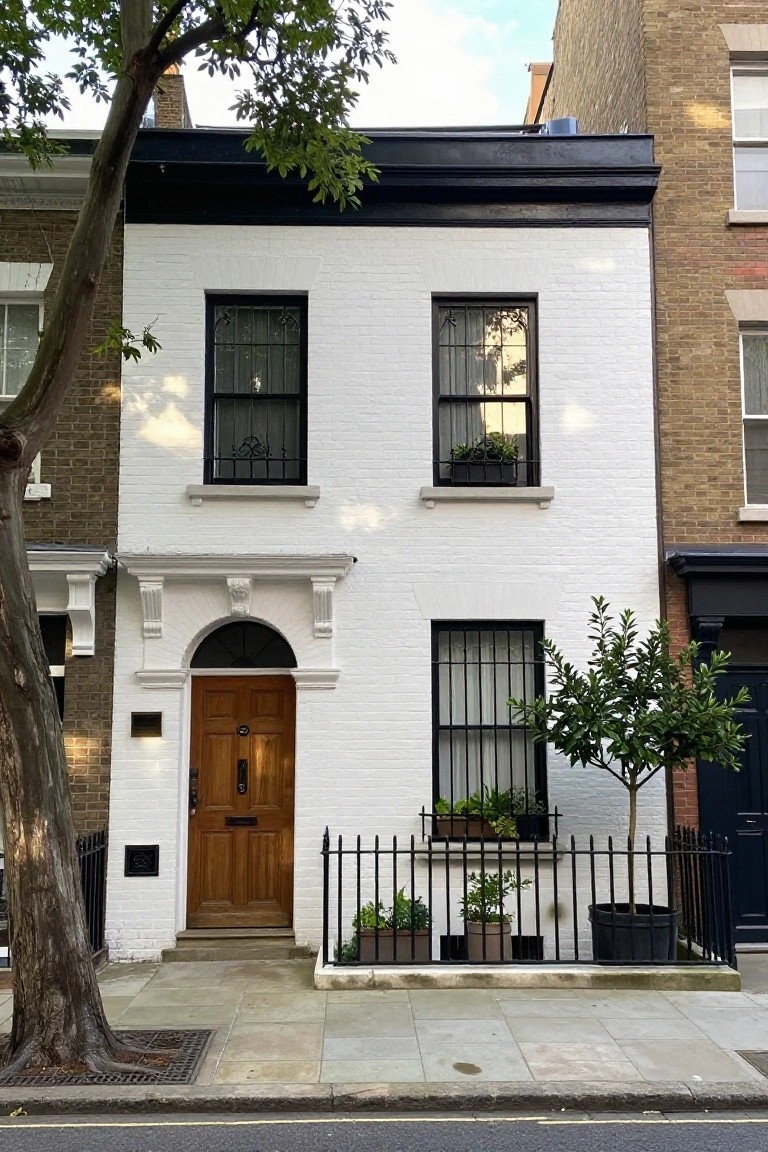 A narrow two-story white brick terraced house with black metal window frames, arched black entry surround, wooden front door, black iron railing around potted plants and a small front tree, on a paved street beside brick neighbor houses.