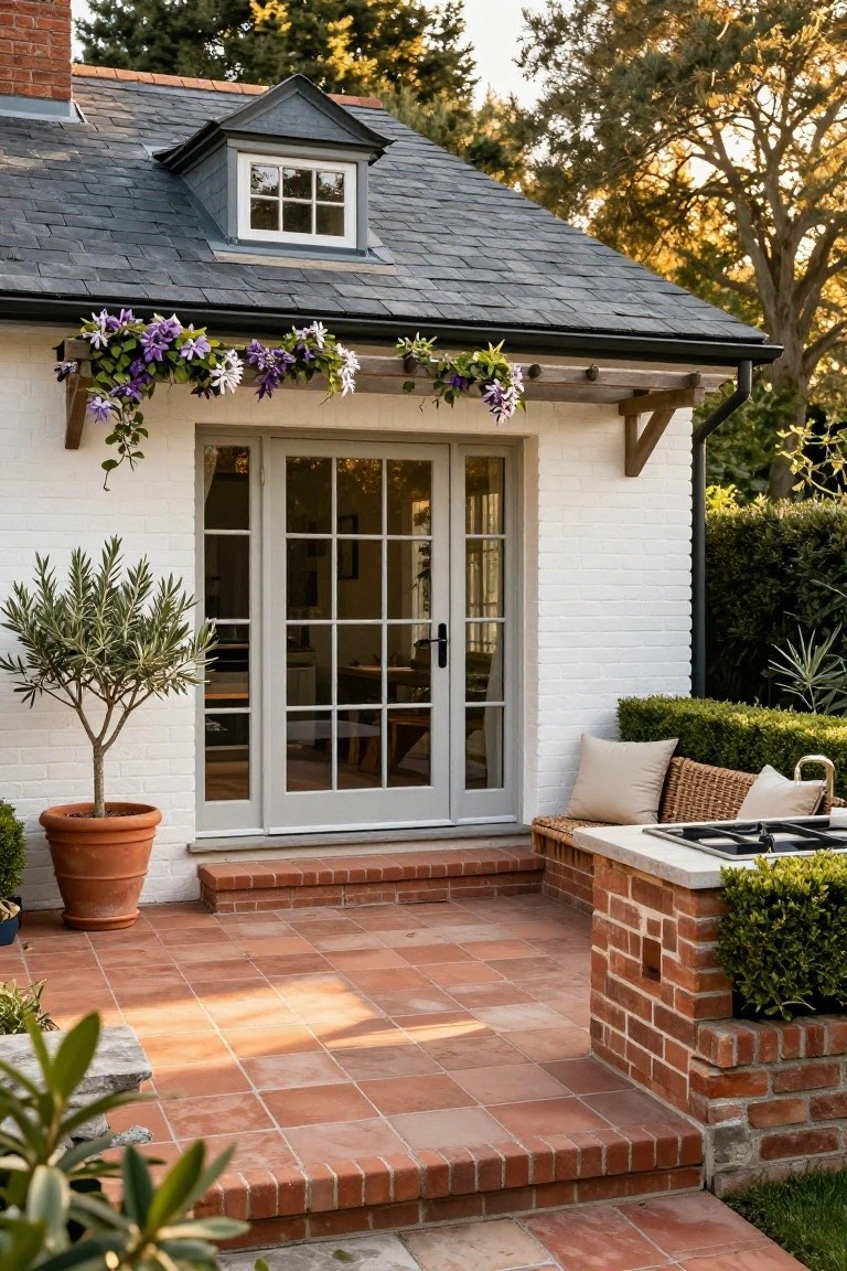 Cozy brick patio with white house, French doors, and outdoor kitchen.