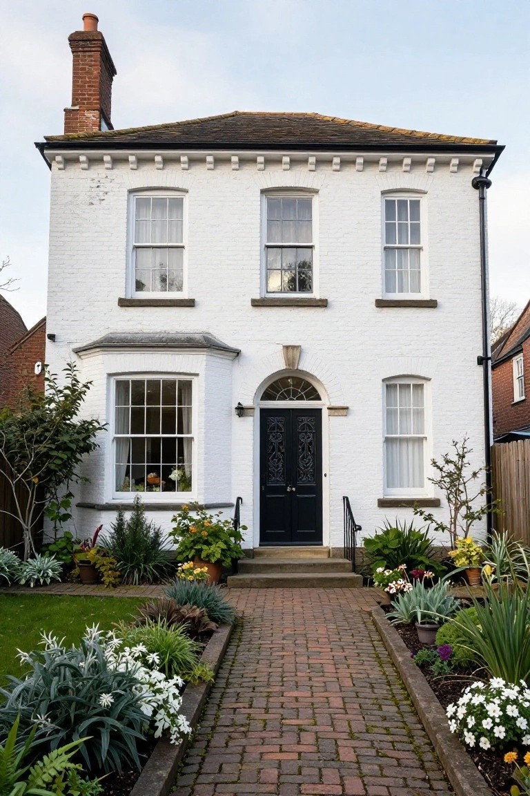 A two-story white brick house with black double front doors, a bay window, and a brick path lined with plants leading to the entrance, surrounded by a garden.
