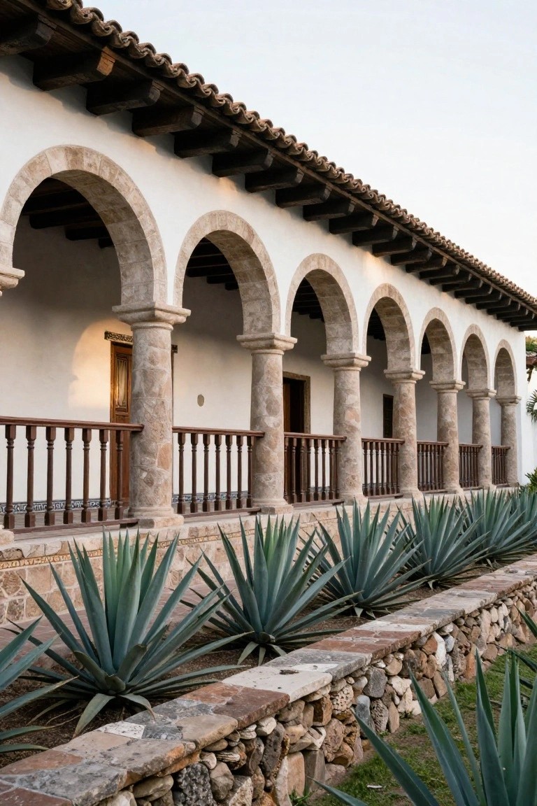 White stucco hacienda exterior with a colonnade of five stone arches supported by thick columns, wooden railing and beams, terracotta tile roof, and a row of agave plants along a low stone wall.