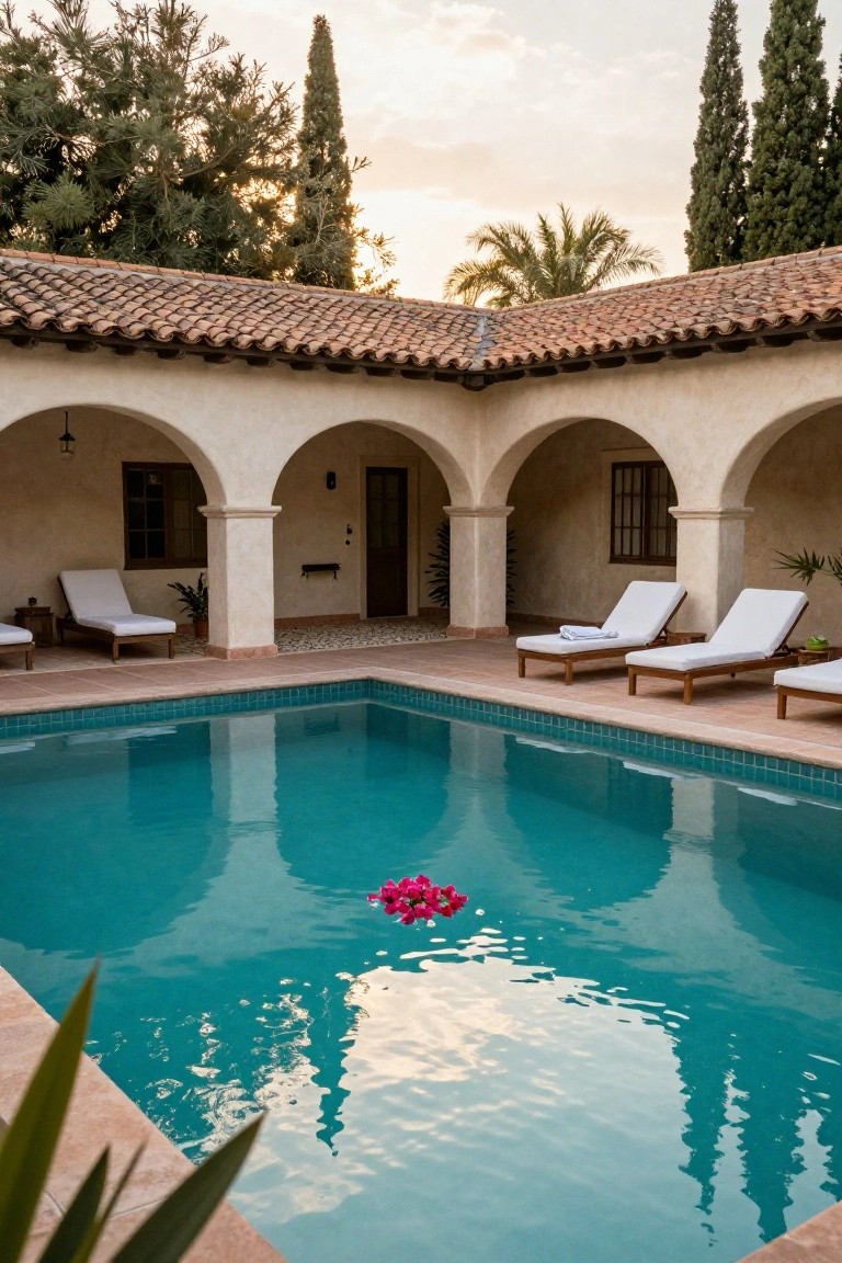 Turquoise pool in a stucco hacienda courtyard with arched colonnades, white wooden loungers with towels, potted plants, and pink flowers floating on the water surface.