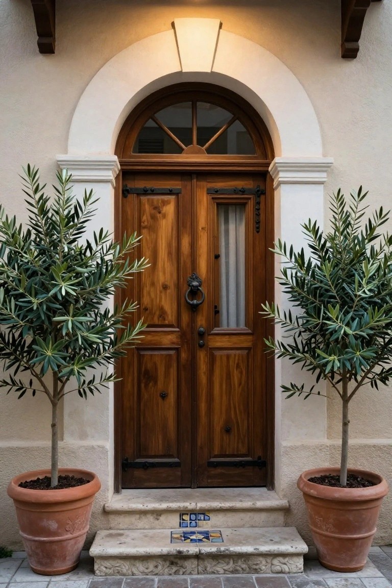 Arched stucco entryway featuring wooden double doors with iron hardware and transom window, flanked by two potted olive trees in terracotta pots beside stone steps.