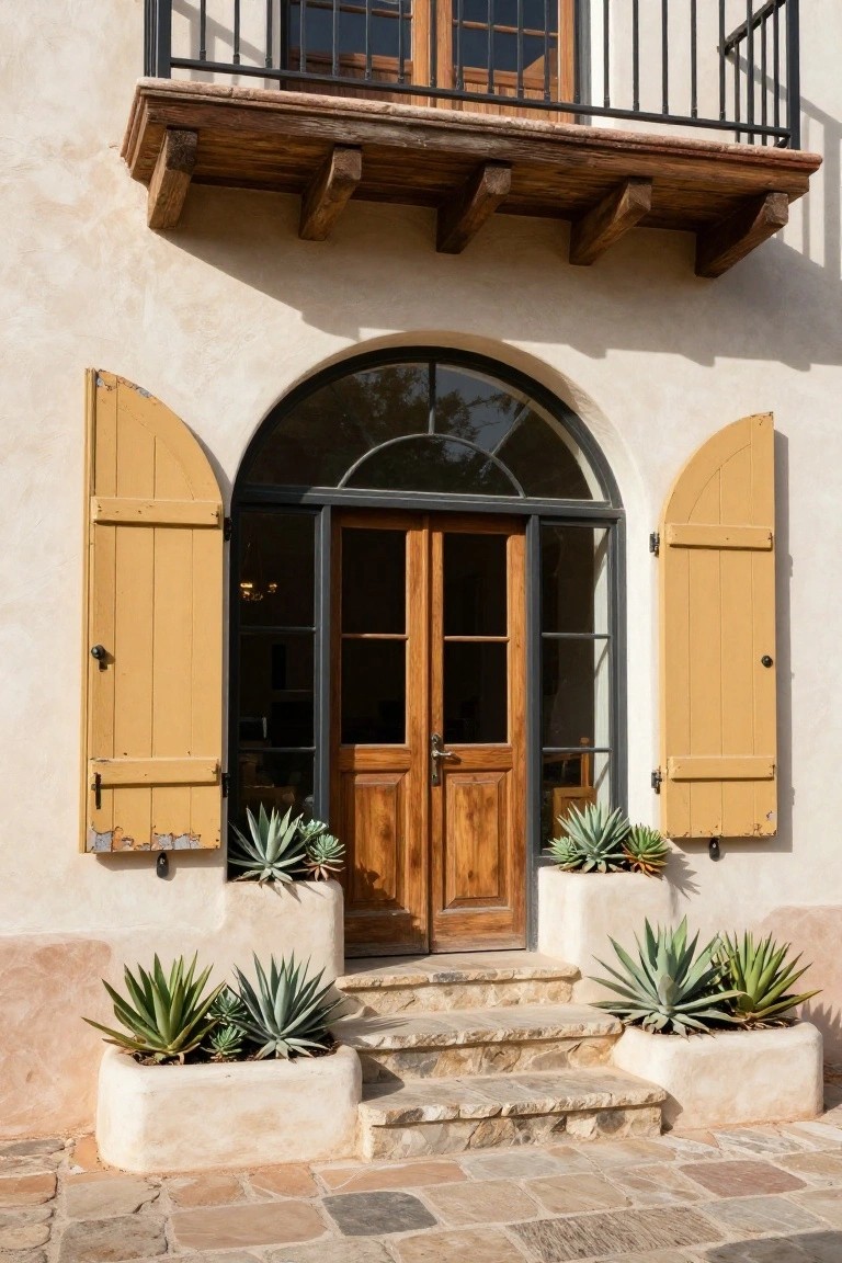 Front entrance of a stucco hacienda-style house with an arched double wooden door framed in black metal, flanked by open yellow shutters, potted agave plants beside stone steps, and a balcony overhead on a sunny day.